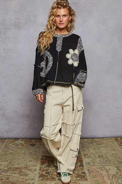 Pol Clothing - Round neck peace patch floral oversized fit knit top