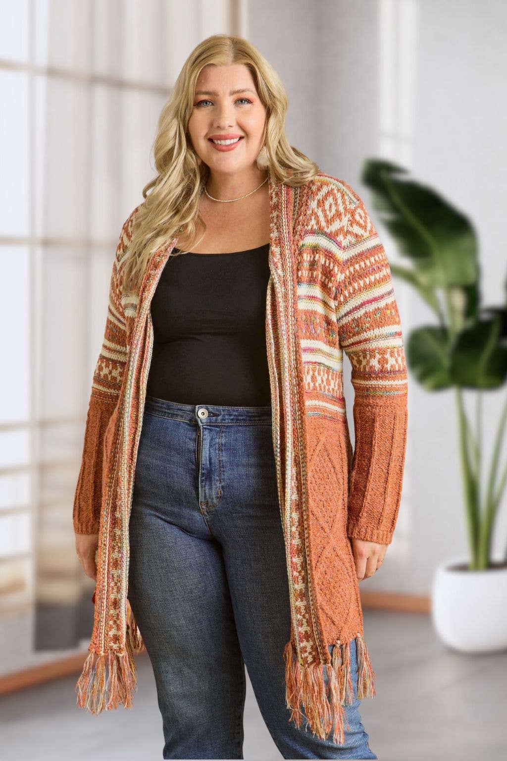 Maya PLUS FRINGE HEM AZTEC CARDIGAN