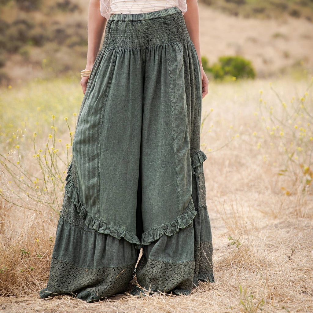 Young Threads - Boho Smocked Mineral Wash Lace Tiered Ruffle Pants NEW