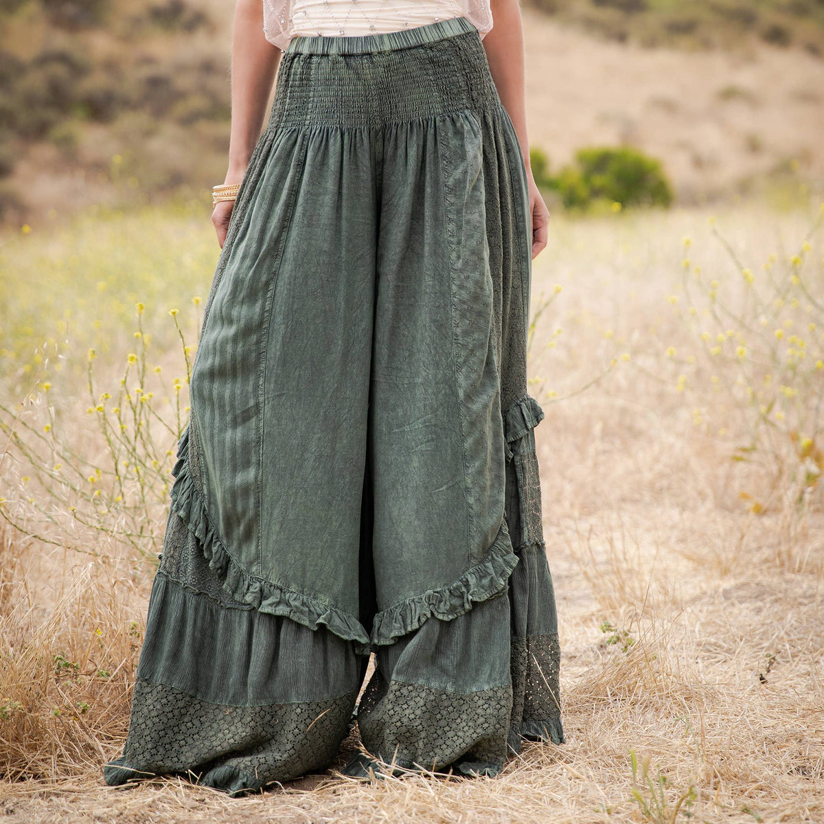 Young Threads - Boho Smocked Mineral Wash Lace Tiered Ruffle Pants NEW