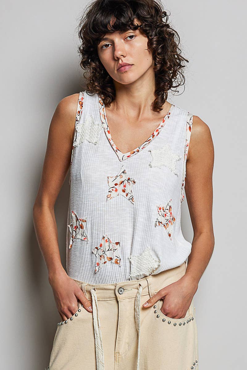 Pol Clothing - Boho Floral Star Patch Rib Sleeveless Top