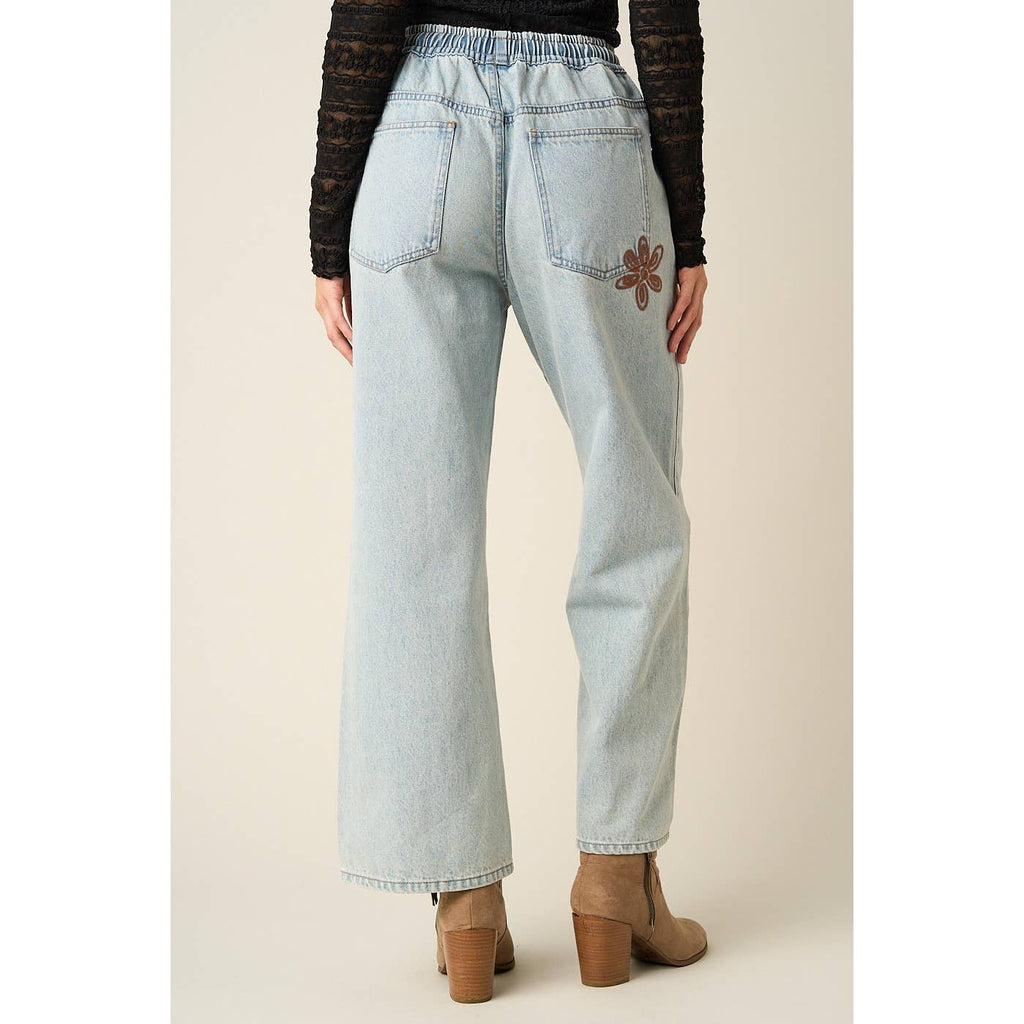 DAISY EMBROIDERY ELASTIC WAIST DENIM JEANS