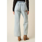 DAISY EMBROIDERY ELASTIC WAIST DENIM JEANS