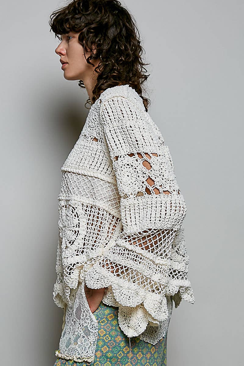 Pol Clothing - Textured Stitch Scalloped Trim Crochet Knit Sweater Top