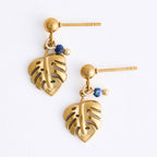 Waterproof Earrings Palm Leaf Lapis Stone Drop Narelle Gold