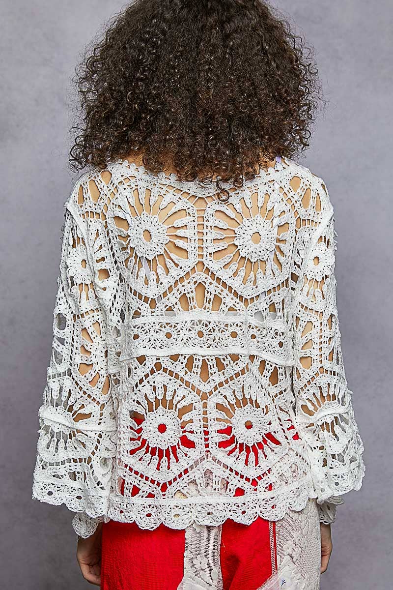 Alexus Round Neck 3/4 Sleeve Crochet Cropped Top