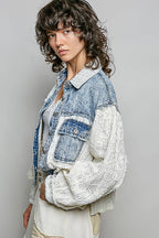 Pol Clothing - Cable Knit Lace Patchwork Woven Long Sleeve Shirt Top
