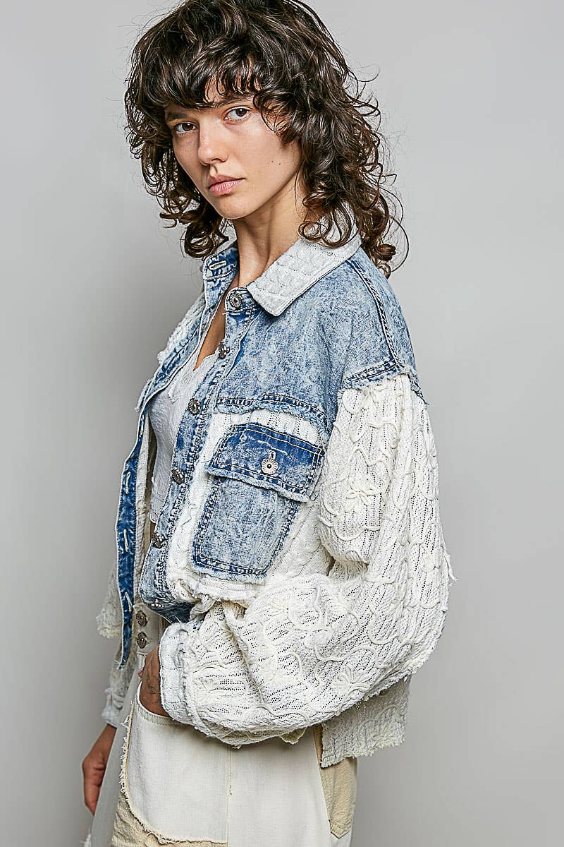 Pol Clothing - Cable Knit Lace Patchwork Woven Long Sleeve Shirt Top