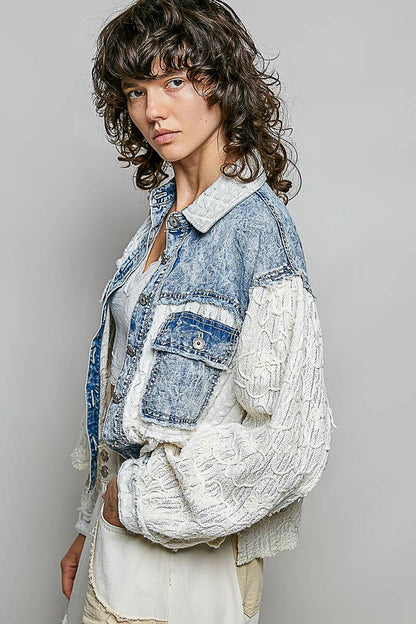 Pol Clothing - Cable Knit Lace Patchwork Woven Long Sleeve Shirt Top