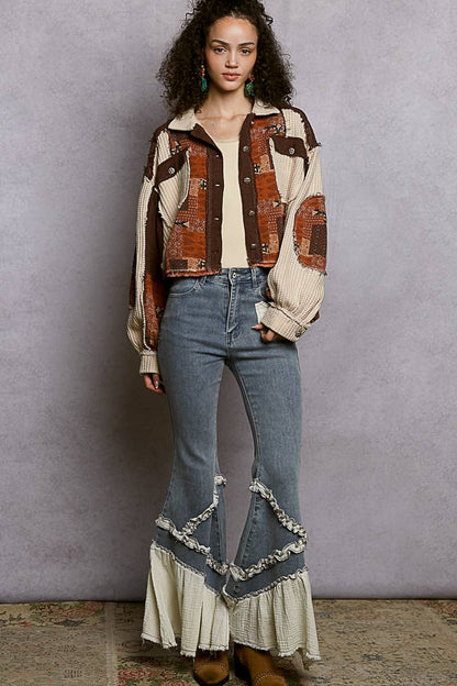 Pol Clothing - Balloon Sleeve Contrast Paisley Pattern Cropped Knit Jacket