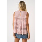 LACE TEXTURE RUFFLE TIER ROUND NECK TANK TOP
