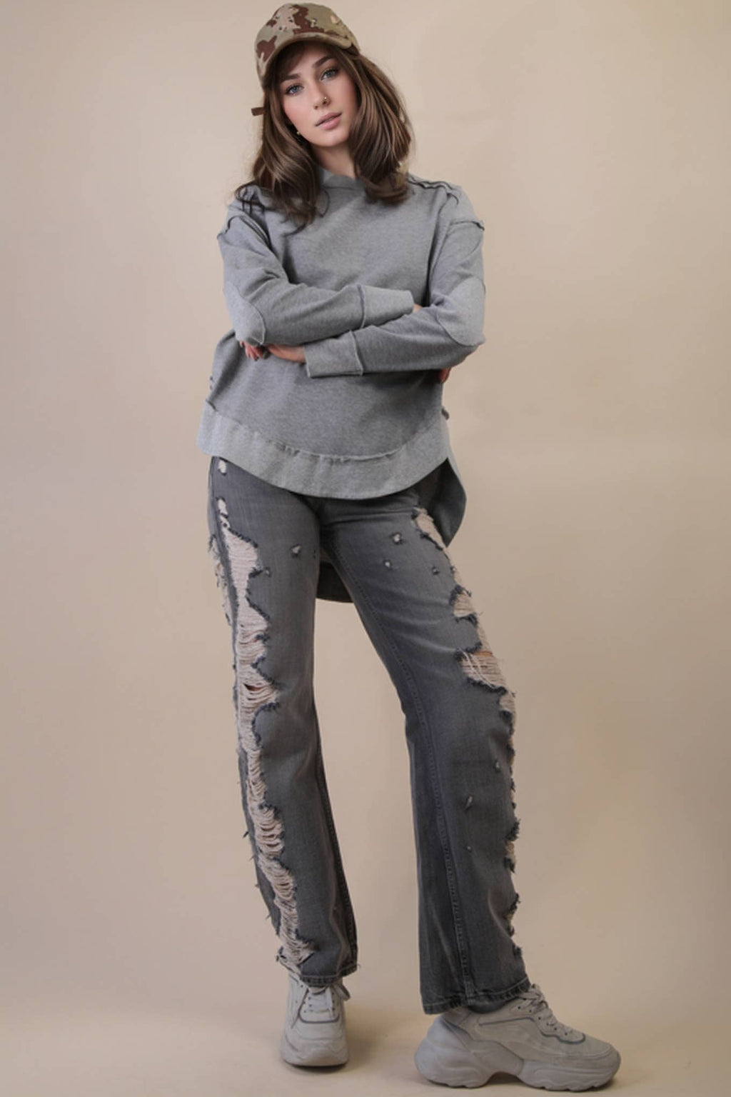 Mineral Washed Elbow Patch Contrast Knit Top