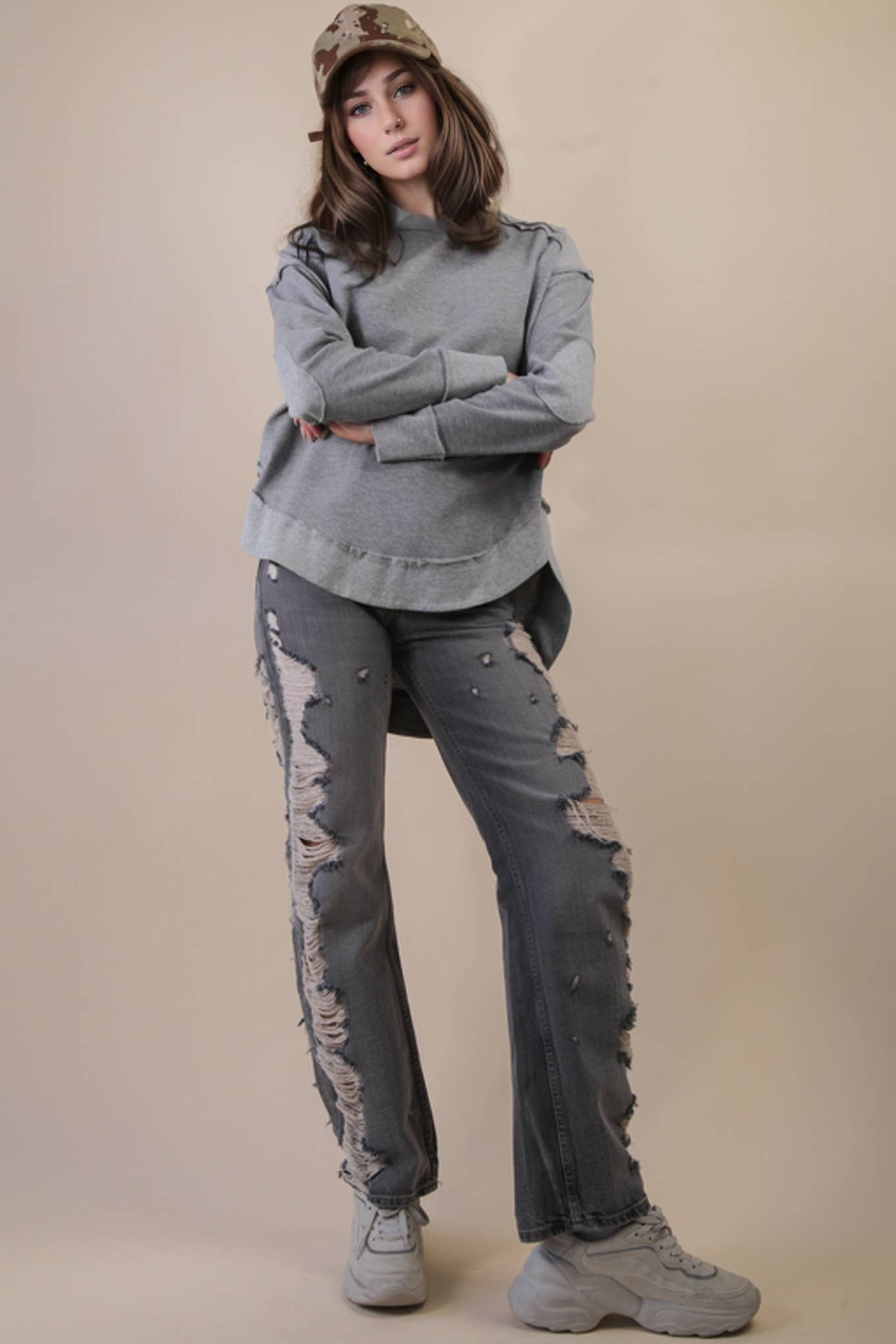 Mineral Washed Elbow Patch Contrast Knit Top
