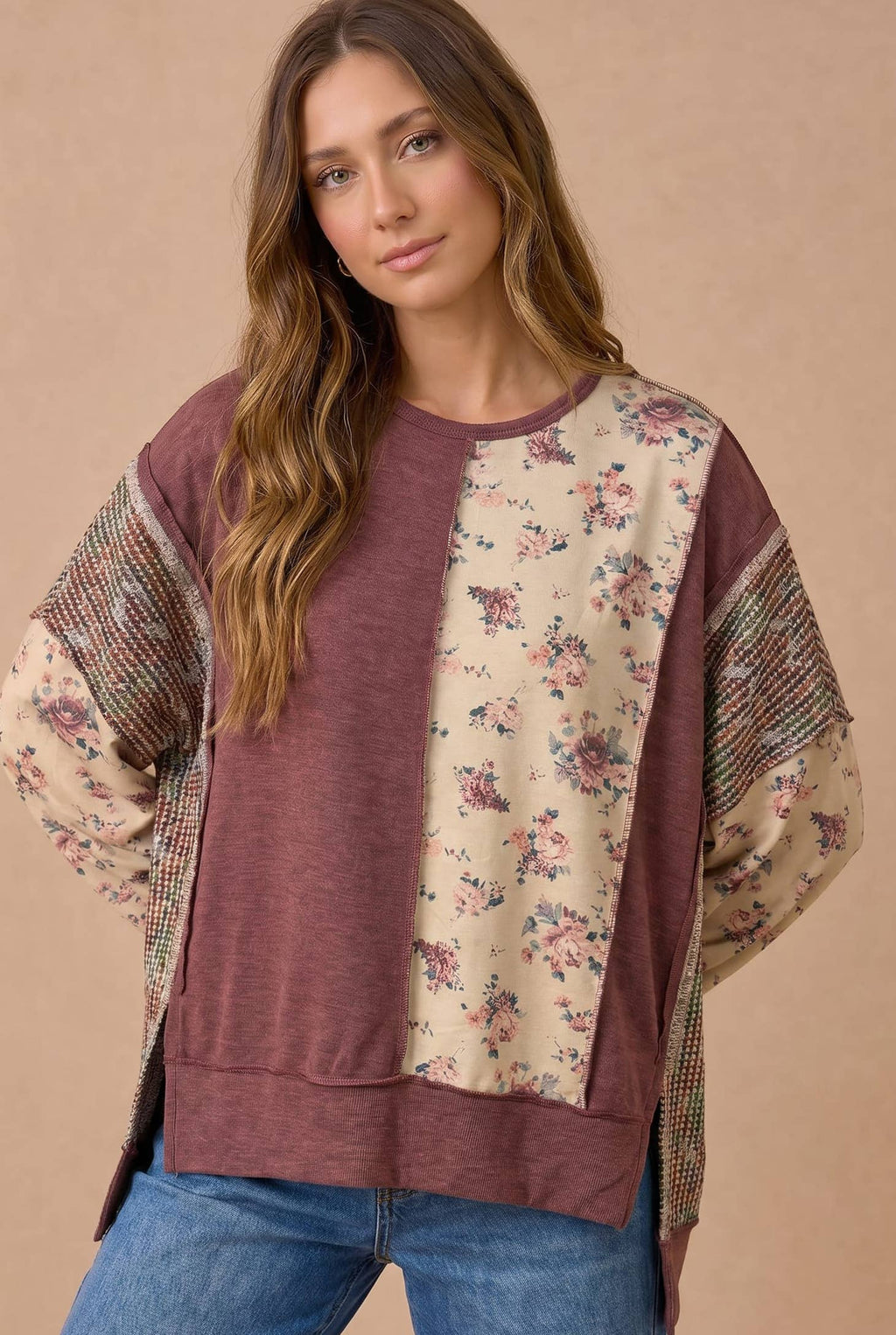 Haptics - Mixed Fabric Floral Waffle Knit Paneling Top