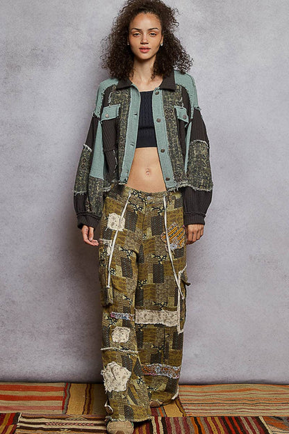 Pol Clothing - Balloon Sleeve Contrast Paisley Pattern Cropped Knit Jacket