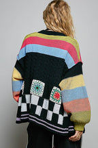 Pol Clothing - Handmade Patchwork Striped Chenille Sweater Open Cardigan