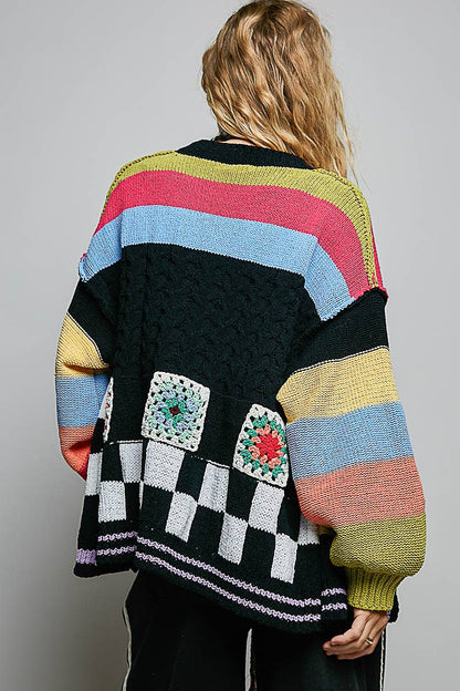 Pol Clothing - Handmade Patchwork Striped Chenille Sweater Open Cardigan
