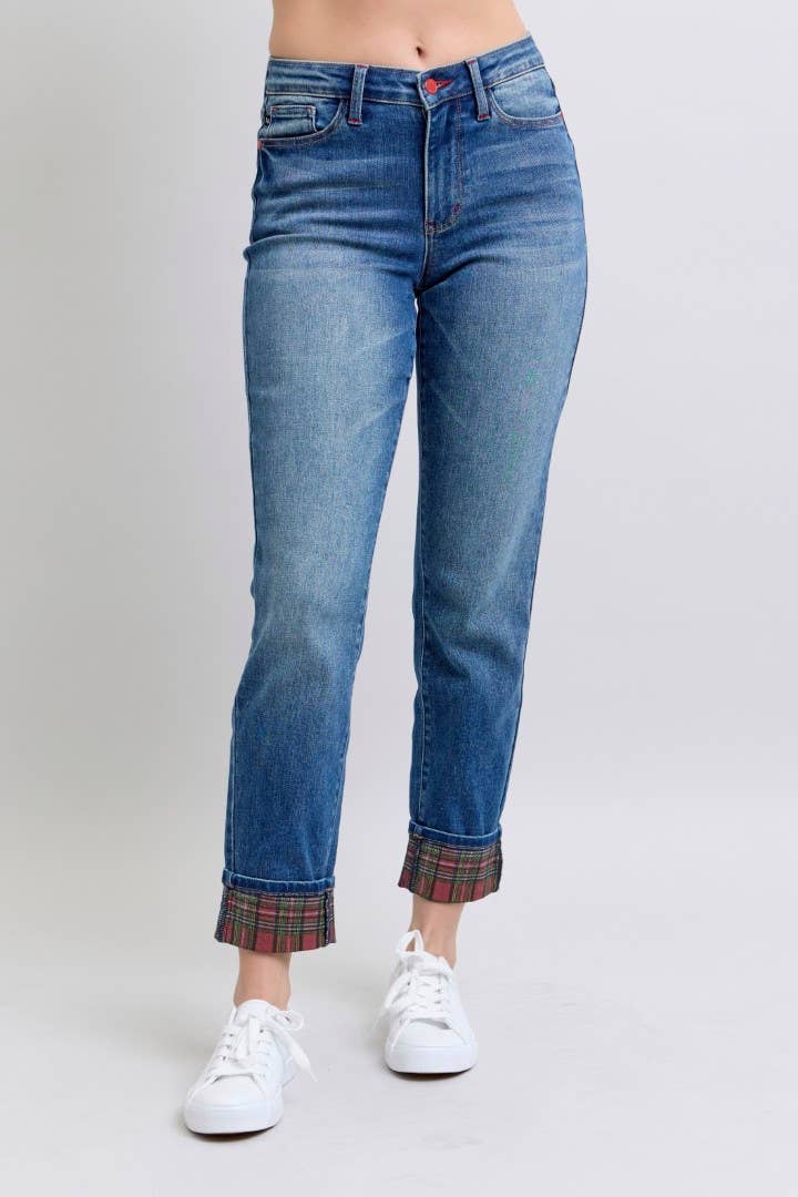 Judy Blue Jeans - MR Plaid Print Cuff BF