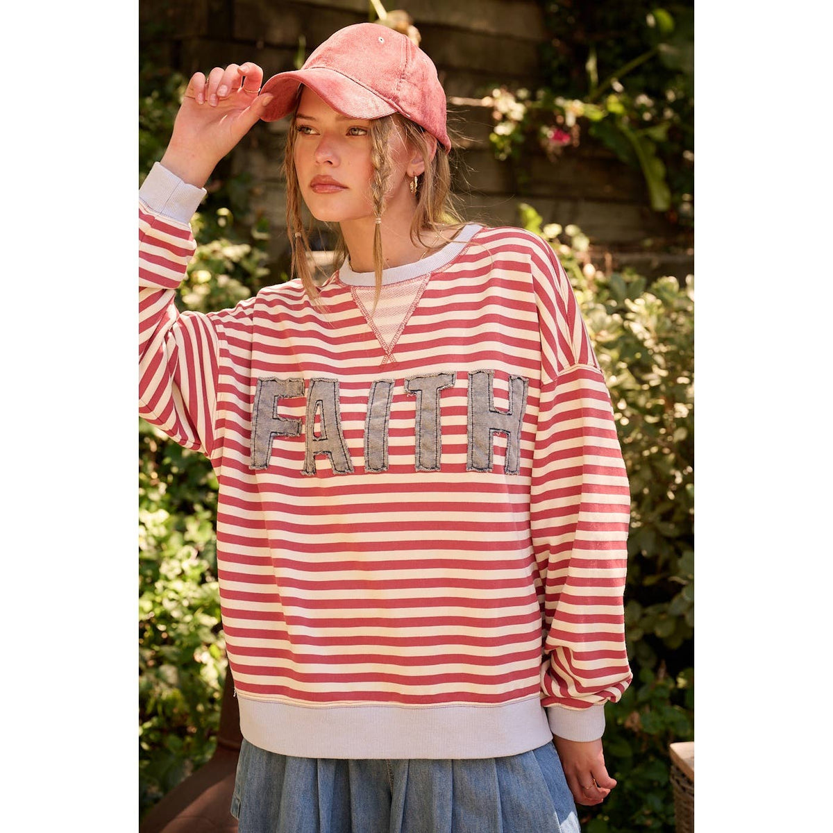 FAITH PATCHWORK STRIPED LONG SLEEVE SWEATSHIRT