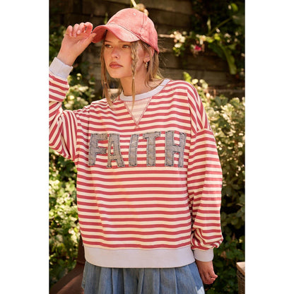 FAITH PATCHWORK STRIPED LONG SLEEVE SWEATSHIRT