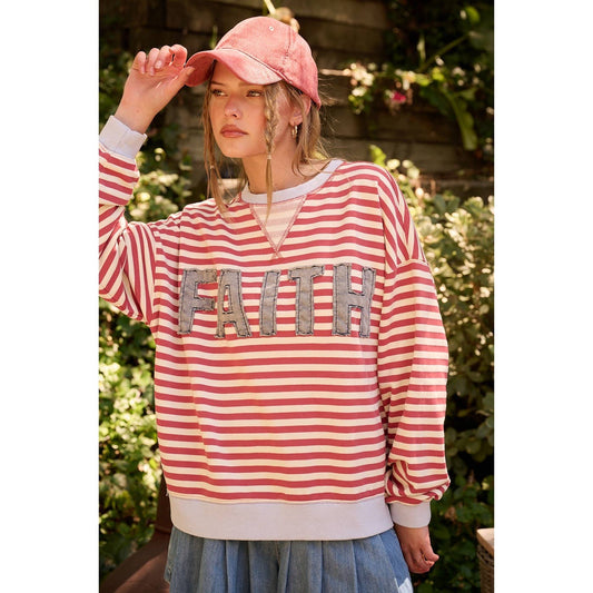 FAITH PATCHWORK STRIPED LONG SLEEVE SWEATSHIRT