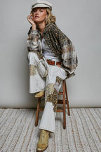 Pol Clothing - Allover Print Pattern Raw-Edge Fringe Trim Shirt Jacket