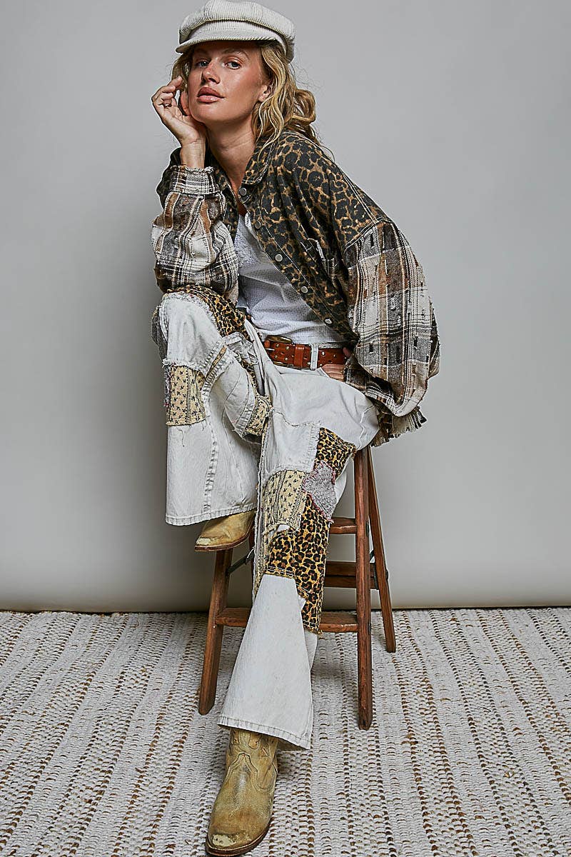 Pol Clothing - Allover Print Pattern Raw-Edge Fringe Trim Shirt Jacket