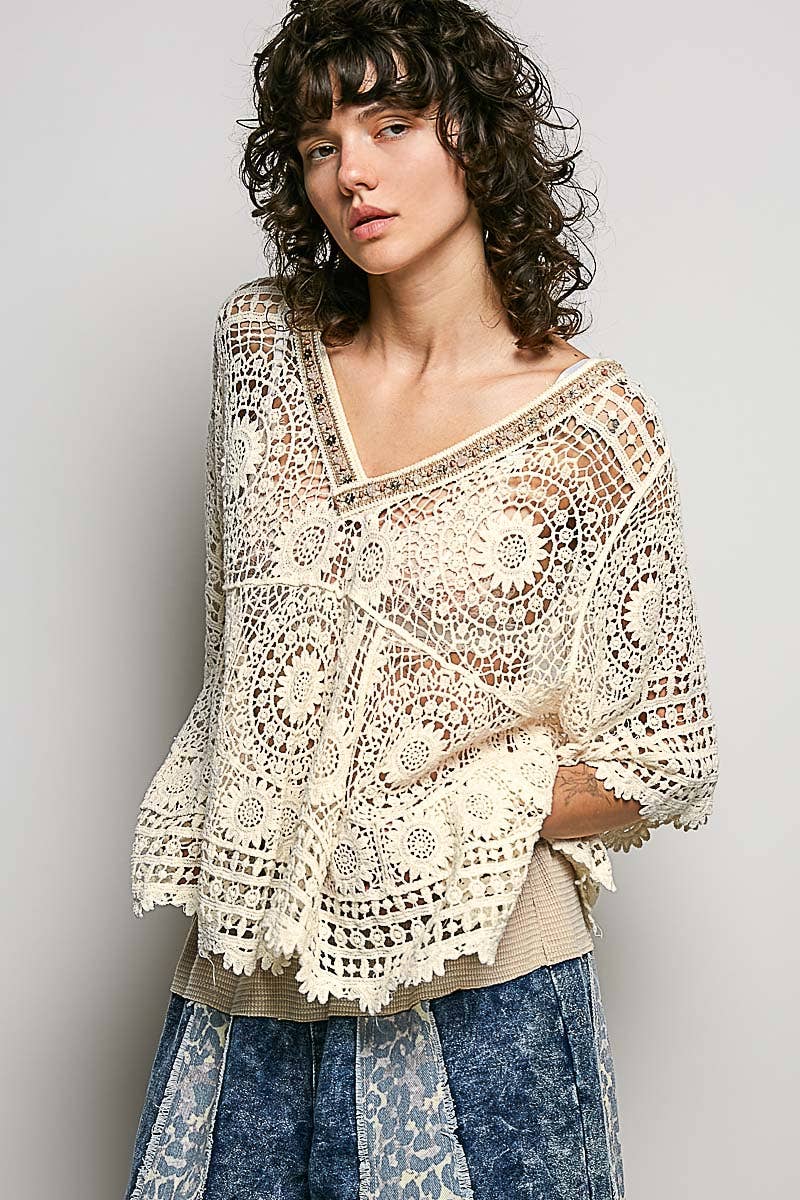 Pol Clothing - 3/4 Sleeve V-neck Crochet Varied Pattern Flared Top