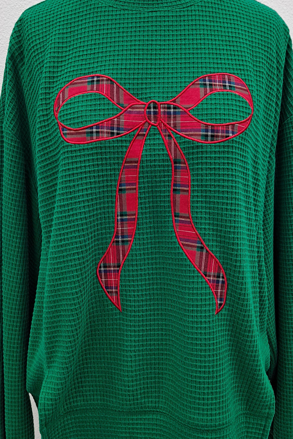 Main Strip - Holiday Plaid Bow Waffle Knit Pullover Top