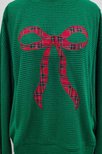Main Strip - Holiday Plaid Bow Waffle Knit Pullover Top