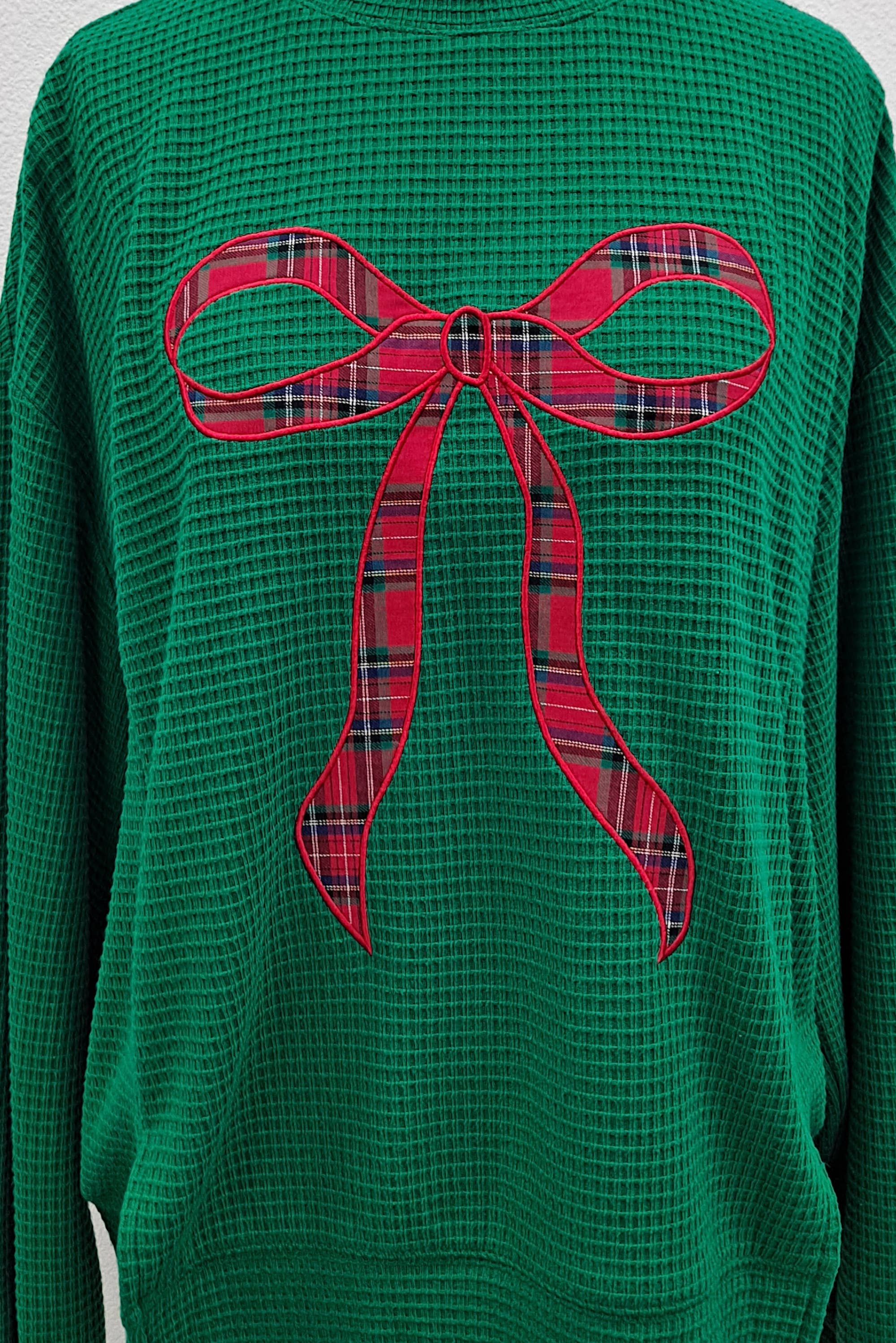 Main Strip - Holiday Plaid Bow Waffle Knit Pullover Top