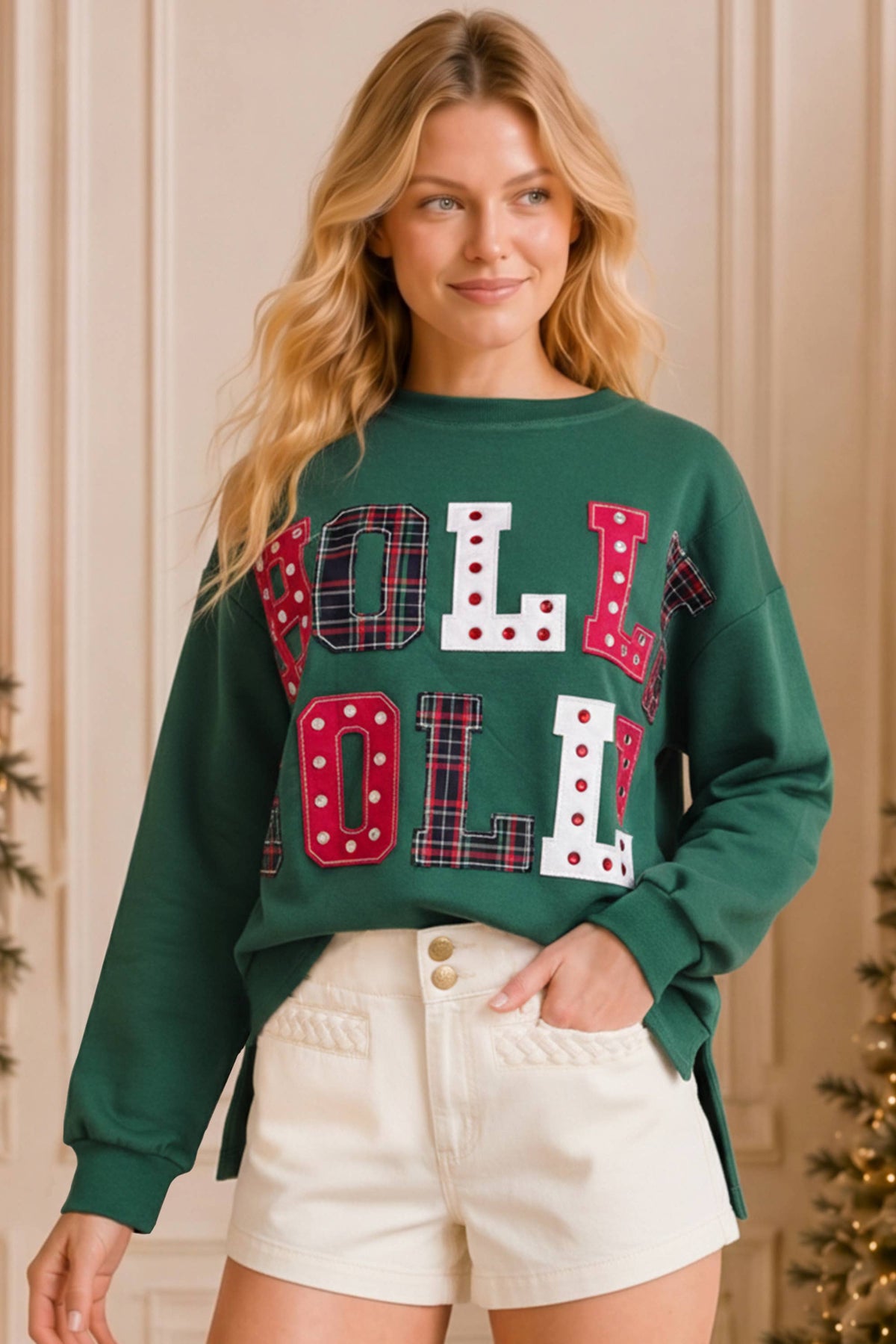 Holly Jolly Patchwork Graphic Holiday Sweatshirt-Main Strip