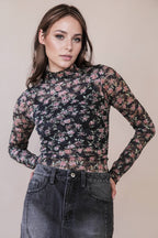 High Neck Fitted Sheer Mesh Lace Knit Top