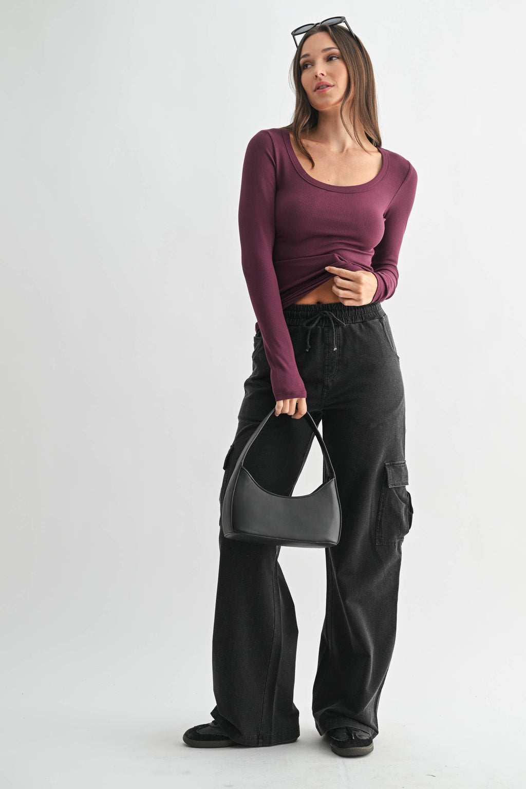 Scoop Neck Micro-Ribbed Long Sleeve Top Mono B