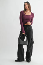 Scoop Neck Micro-Ribbed Long Sleeve Top Mono B