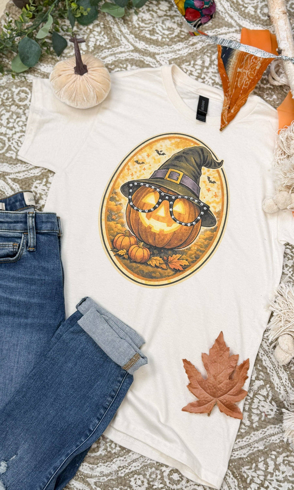 Sugar Stitch - Pumpkin with Rhinestone Specs Graphic T-Shirt