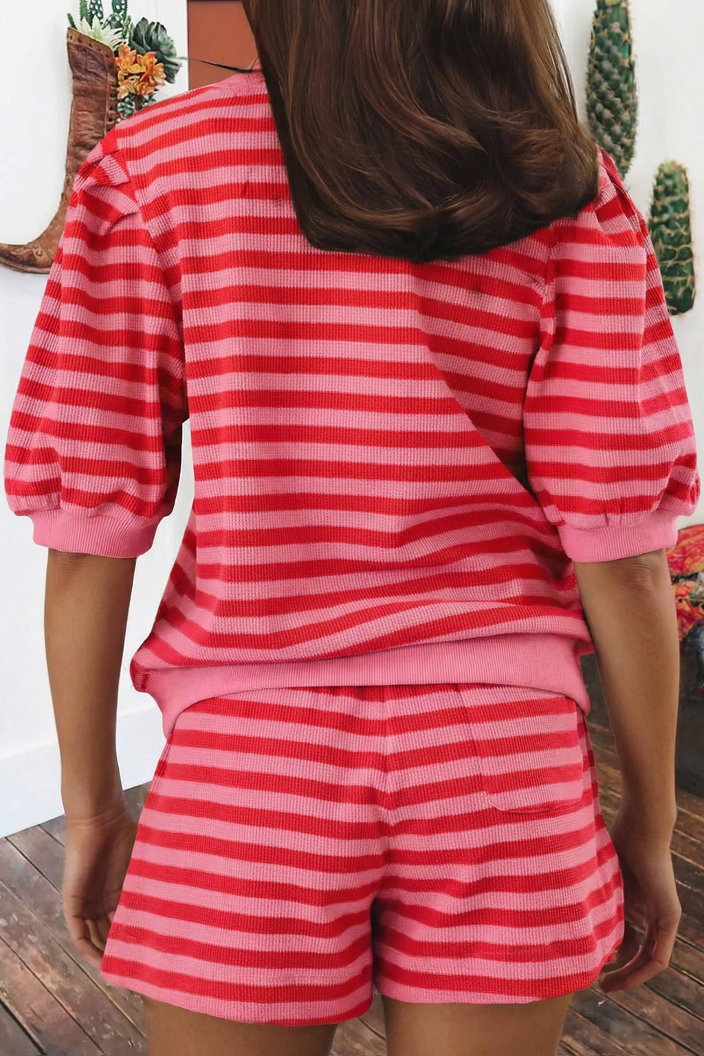 Summer Stripe Puff Short Sleeve T Shirt Matching Shorts Set