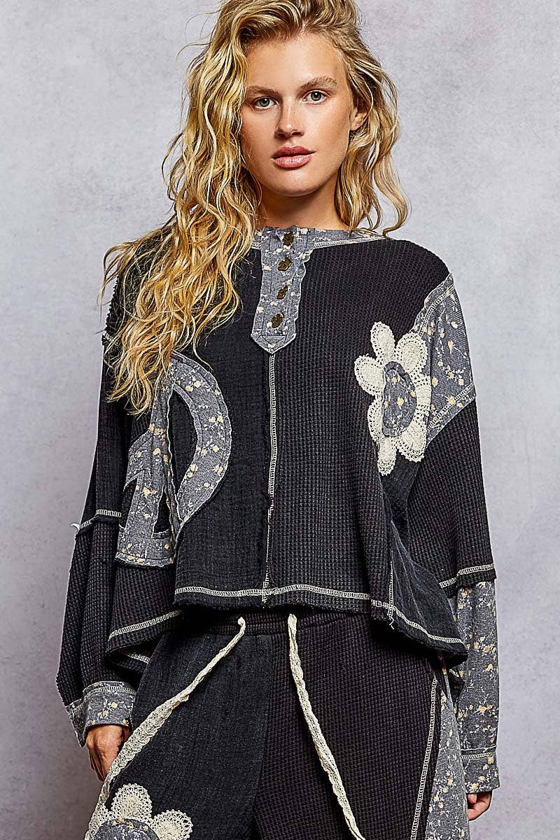 Pol Clothing - Round neck peace patch floral oversized fit knit top