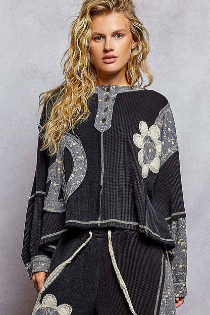 Pol Clothing - Round neck peace patch floral oversized fit knit top