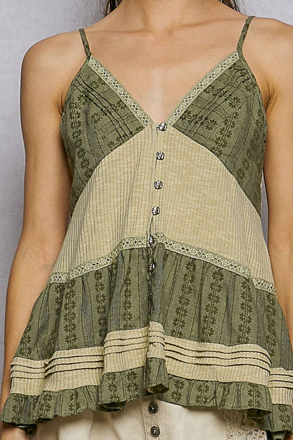 Pol Clothing - Adjustable Strap Ruffle Pintuck Sleeveless Cotton Top