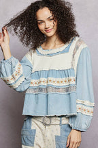 Pol Clothing - Embroidery Lace Contrast Square Neck Long Sleeve top