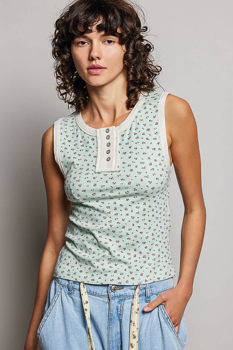 Pol Clothing - Round Neck Sleeveless Ribbed Floral Printed Knit Top