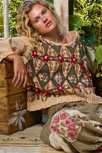Pol Clothing - Scoop neck Aztec pattern 3D floral detail sweater top