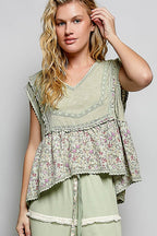 Pol Clothing - V-neck Floral Pattern Trim Ruffle Rib Knitted Sleeveless Top