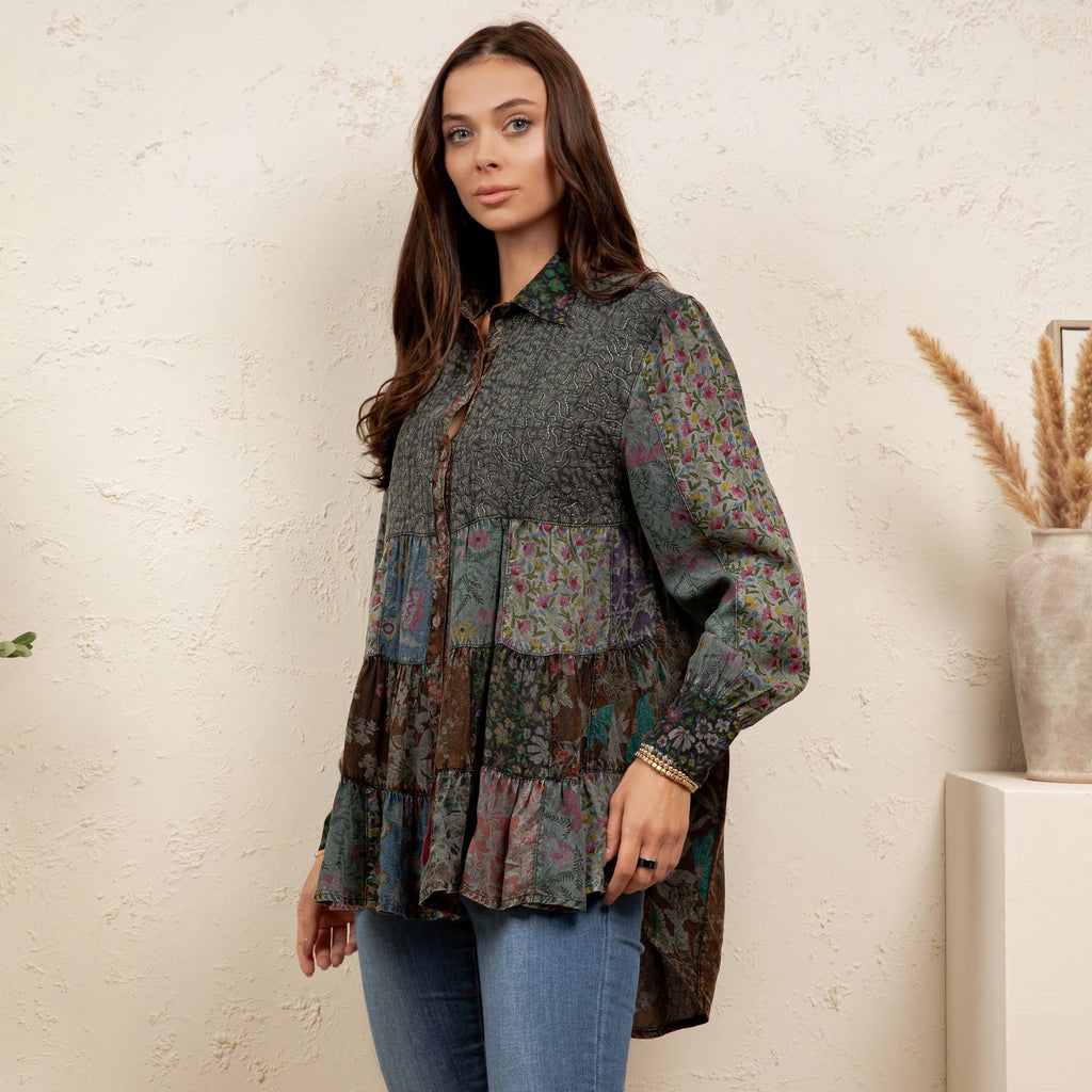 Young Threads - Vintage Floral Boho Ruffle Hem Button Down Tunic Top NEW
