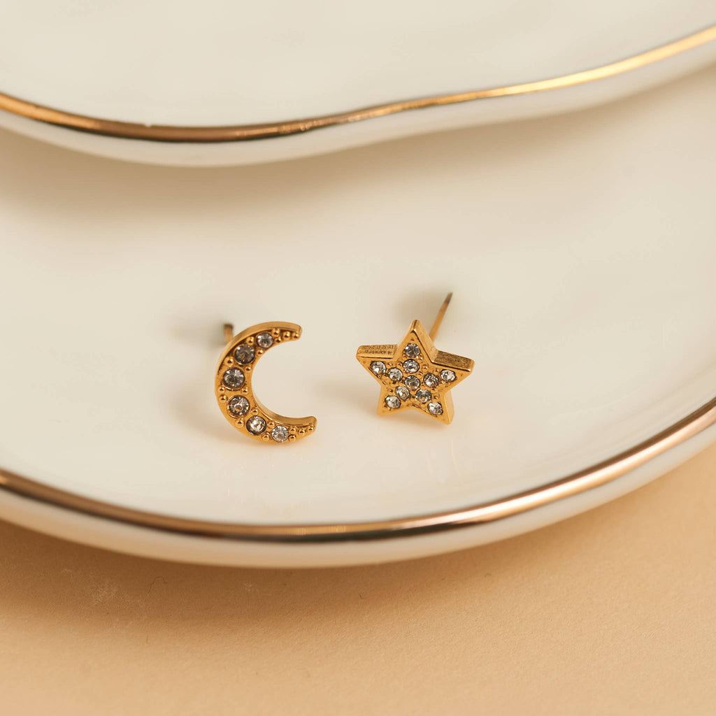 Howard's - Waterproof Earrings Pave Star & Moon Stud in Gold & Steel
