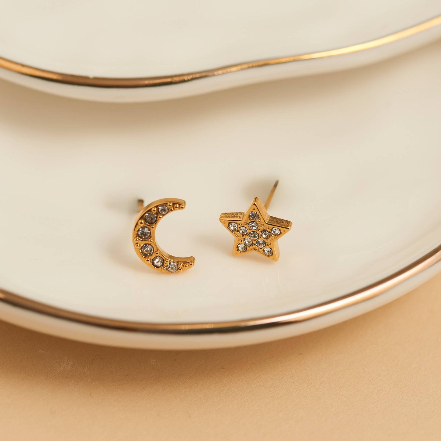 Howard's - Waterproof Earrings Pave Star & Moon Stud in Gold & Steel