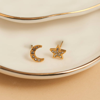 Howard's - Waterproof Earrings Pave Star & Moon Stud in Gold & Steel