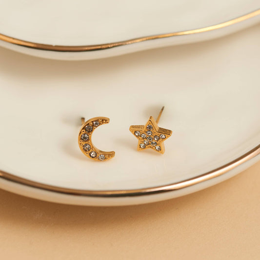 Howard's - Waterproof Earrings Pave Star & Moon Stud in Gold & Steel