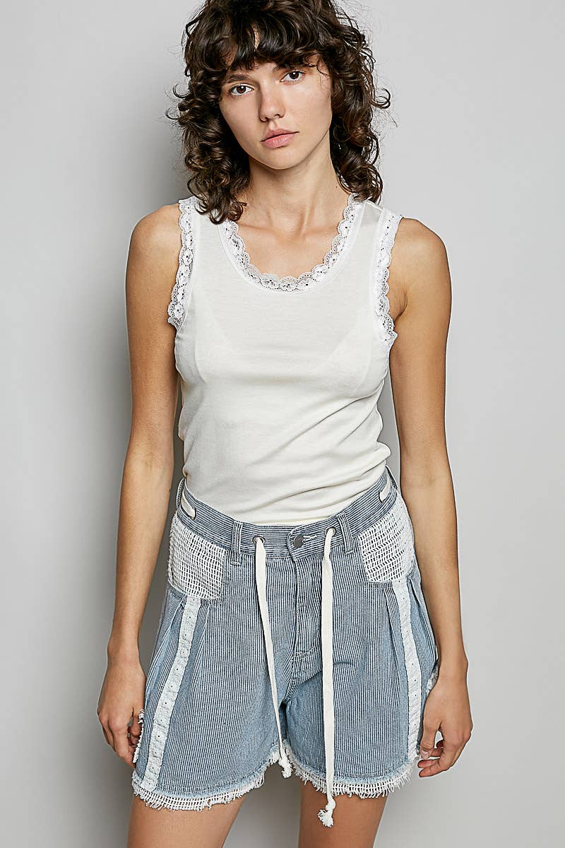 Pol Clothing - Vintage Washing Stripe Solid Crochet Patch Short Wide Pants